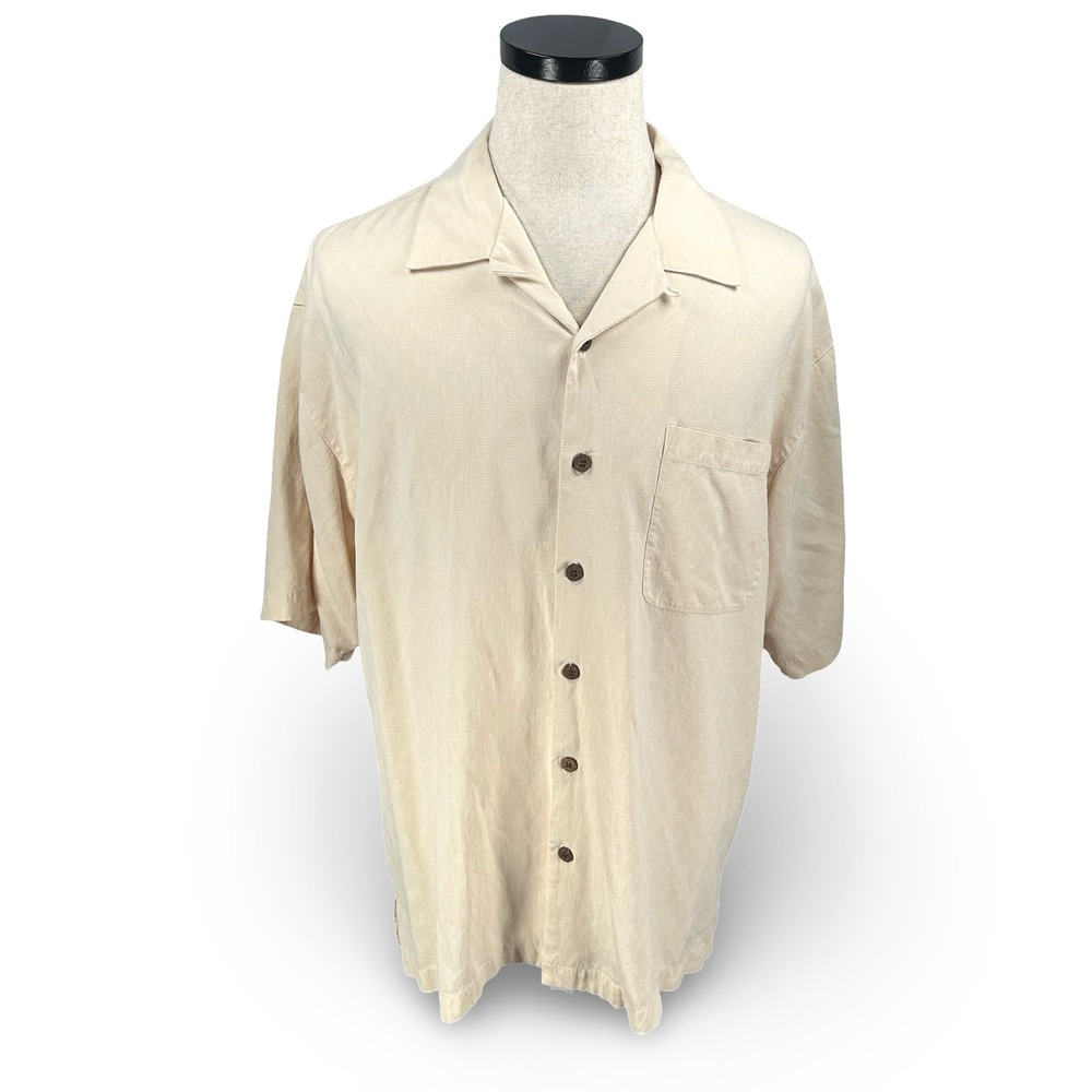 Tommy Bahama XL Silk Camp Shirt Beige Chairman of Board Big Daddy Embroidered